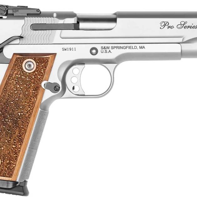 Smith & Wesson 1911 Performance Center Pro 9mm pistol with 5-inch barrel and wood grip