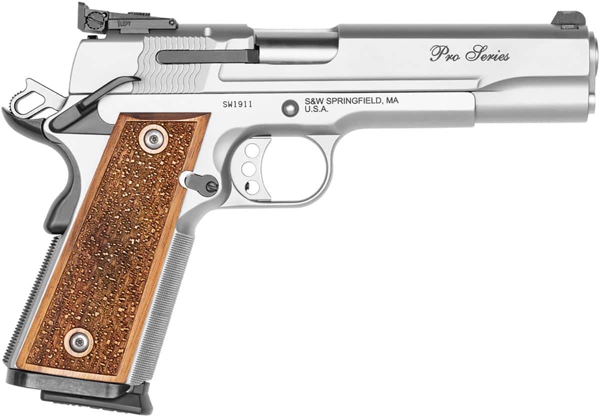 Smith & Wesson 1911 Performance Center Pro 9mm pistol with 5-inch barrel and wood grip