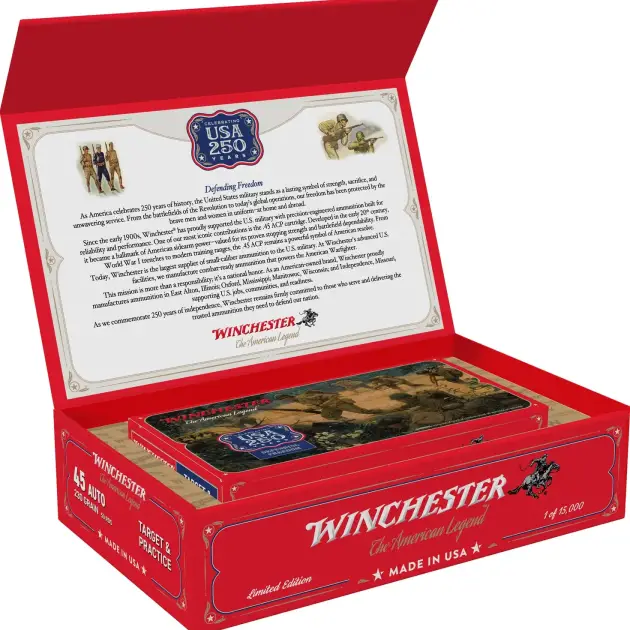 WINCHESTER USA 45ACP 230GR FMJ 250TH ANNIVERSARY 50RD/BX 6BX/CS