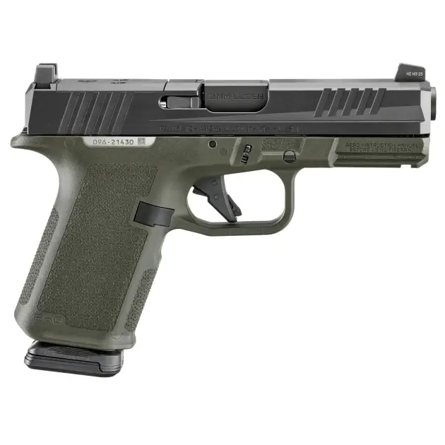 Ruger RXM 9mm pistol with 4-inch barrel, black slide, and OD green grip