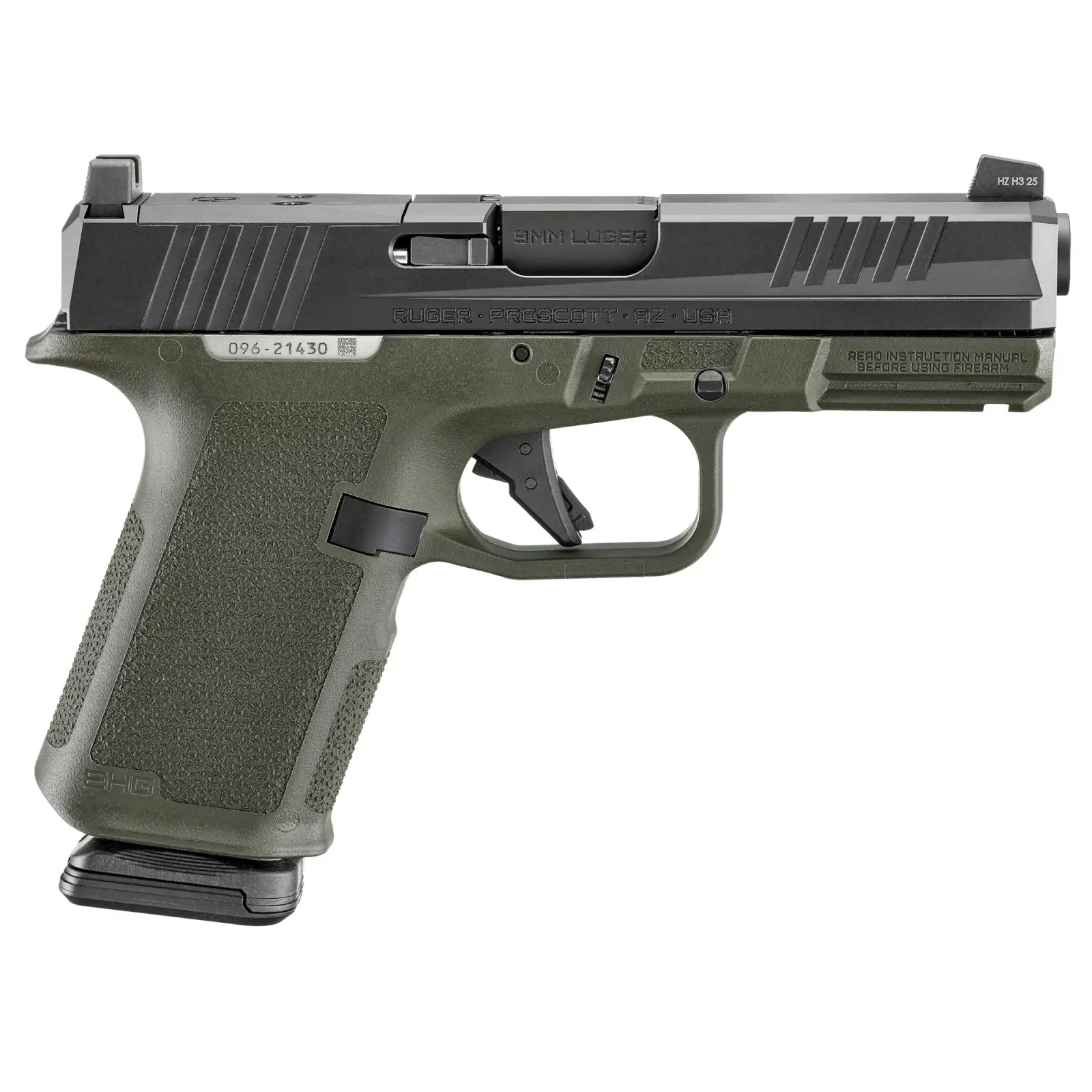 Ruger RXM 9mm pistol with 4-inch barrel, black slide, and OD green grip
