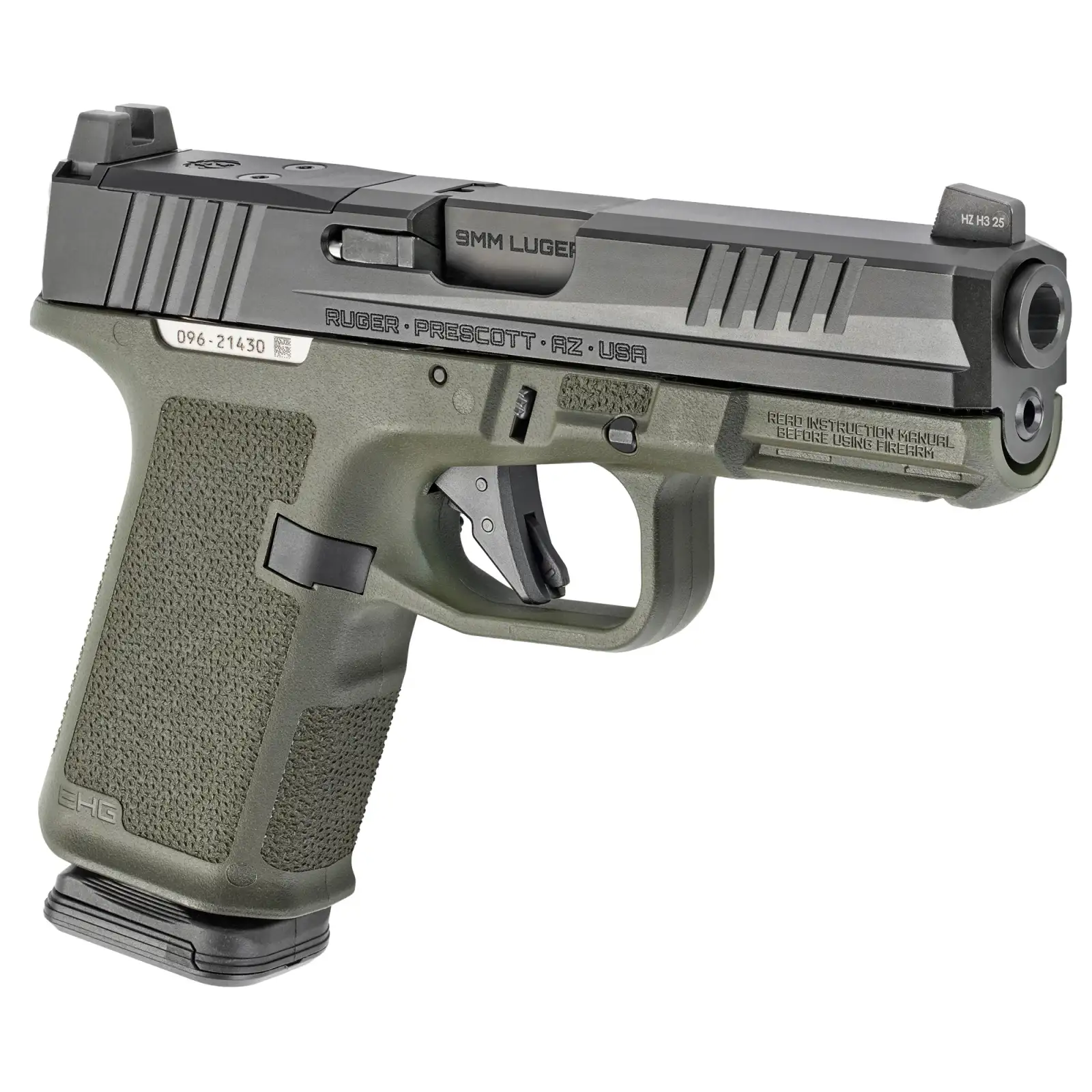Ruger RXM 9mm pistol with 4-inch barrel, black slide, and OD green grip