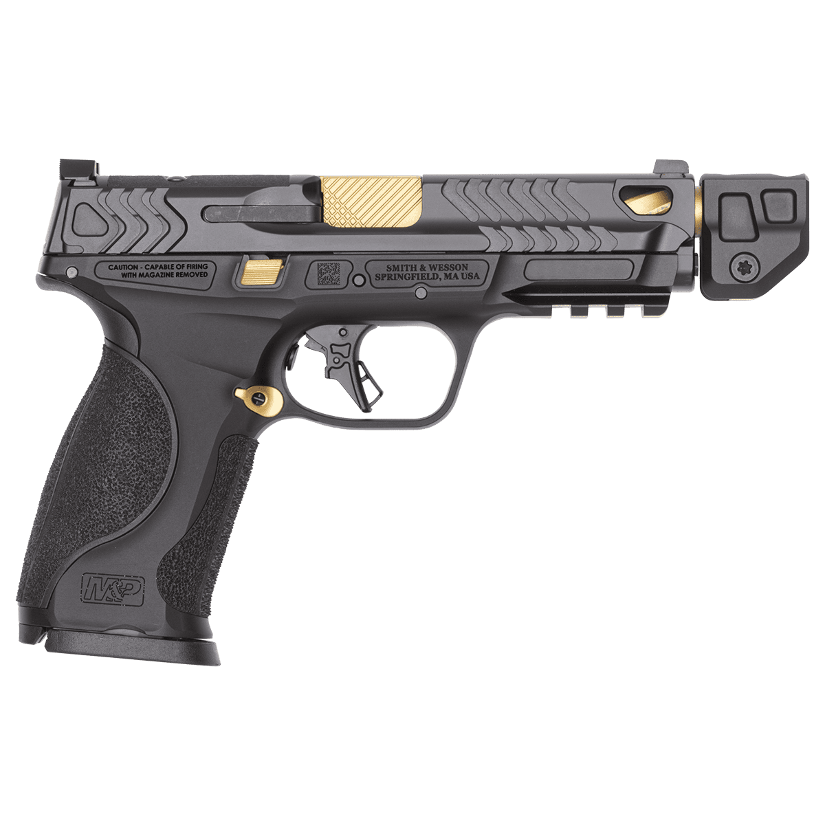 Smith & Wesson M&P9 M2.0 Metal 9mm pistol with black and gold finish