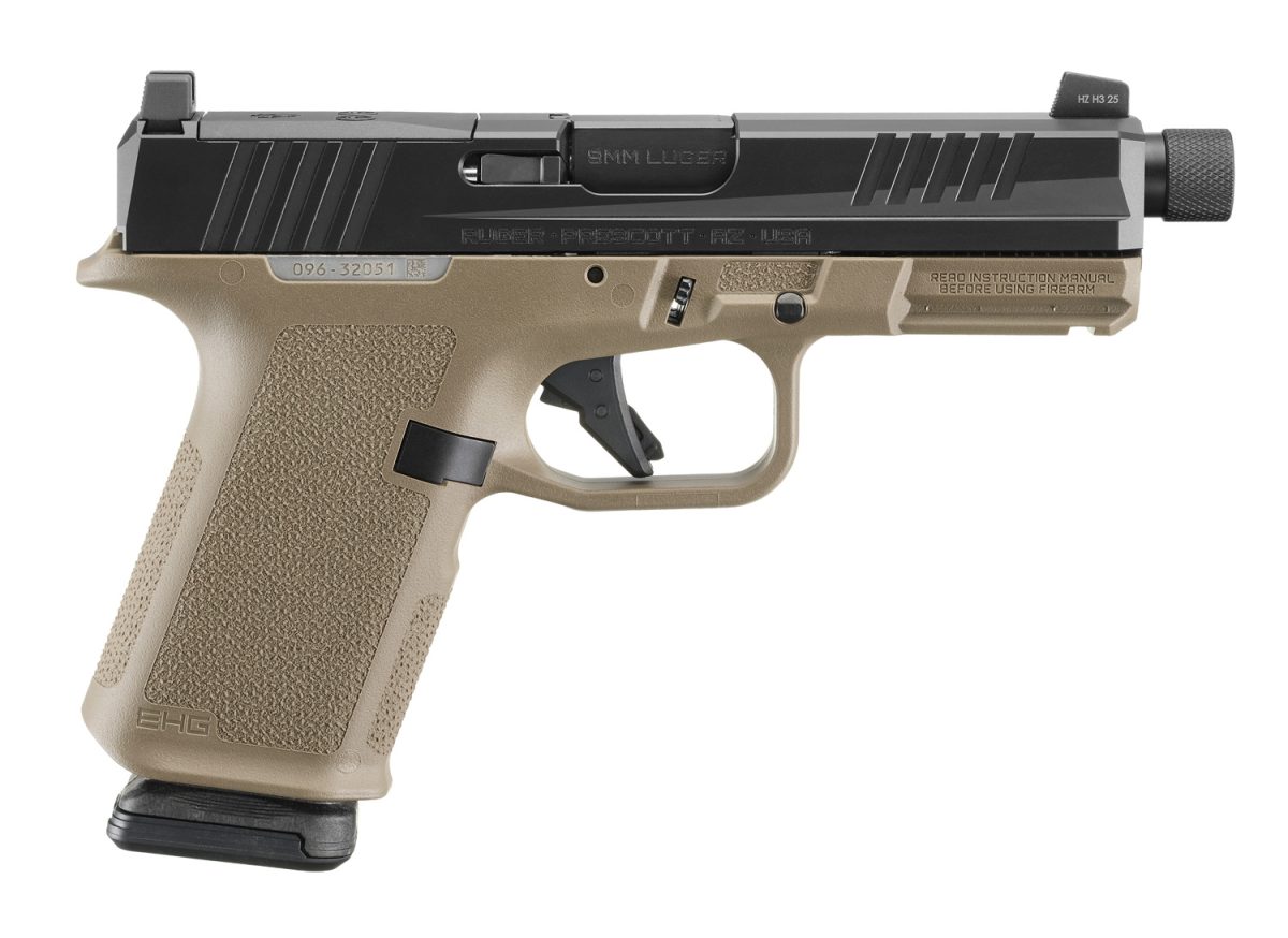 Ruger RXM 9mm FDE optic-ready pistol with threaded barrel