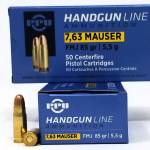 Prvi PPU 7.63 Mauser Ammunition PPH763 85 Grain Full Metal Jacket 50 Rounds
