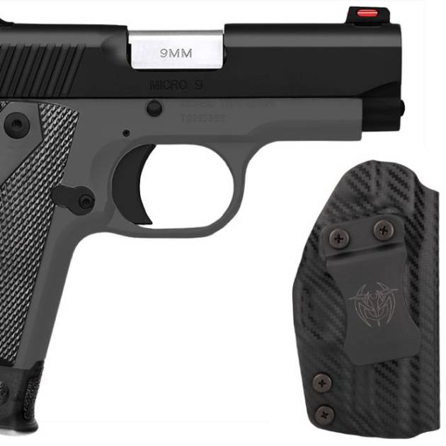 Kimber Micro 9 Shadow Ghost RTC-K 9mm pistol with gray frame, black slide, magazines, and holster