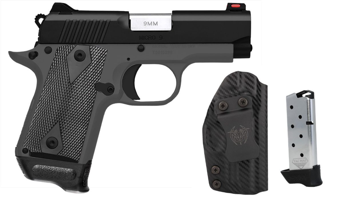 Kimber Micro 9 Shadow Ghost RTC-K 9mm pistol with gray frame, black slide, magazines, and holster