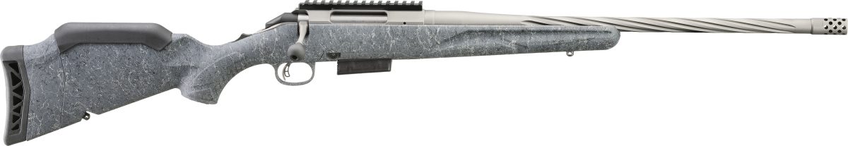 Ruger American Rifle Gen II 6.5 PRC rifle with 20-inch threaded barrel and gray splatter stock