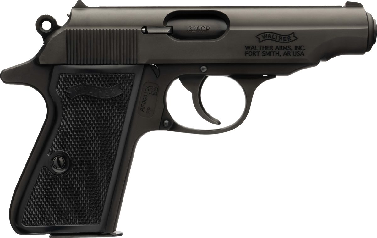 Walther PP .32 ACP black handgun with fixed sights and two 8-round magazines