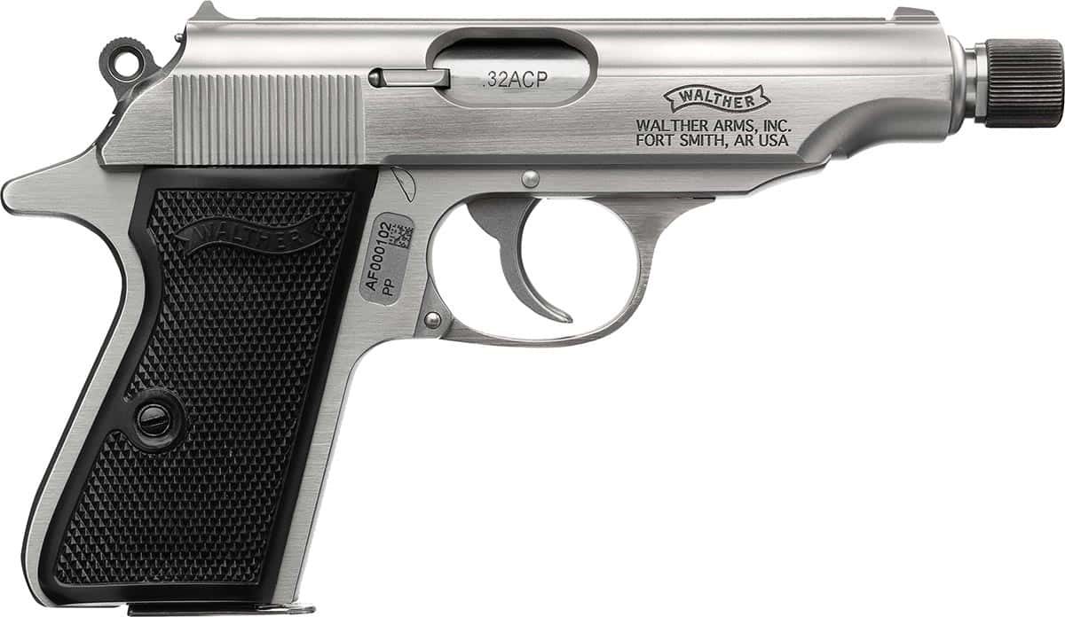 Walther PP SD 32 ACP stainless pistol with 3.9-inch threaded barrel