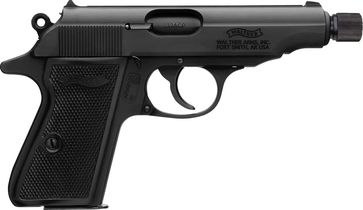 Walther PP .32 ACP black handgun with 3.9-inch threaded barrel and fixed iron sights