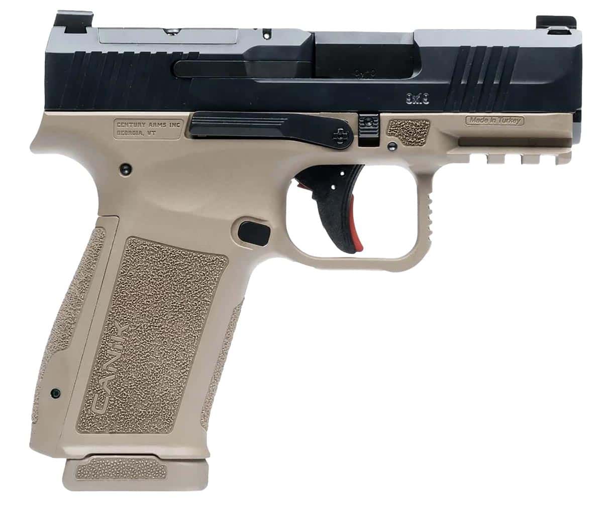 Canik METE MC9L 9mm pistol with black slide, FDE frame, and 3.18-inch barrel