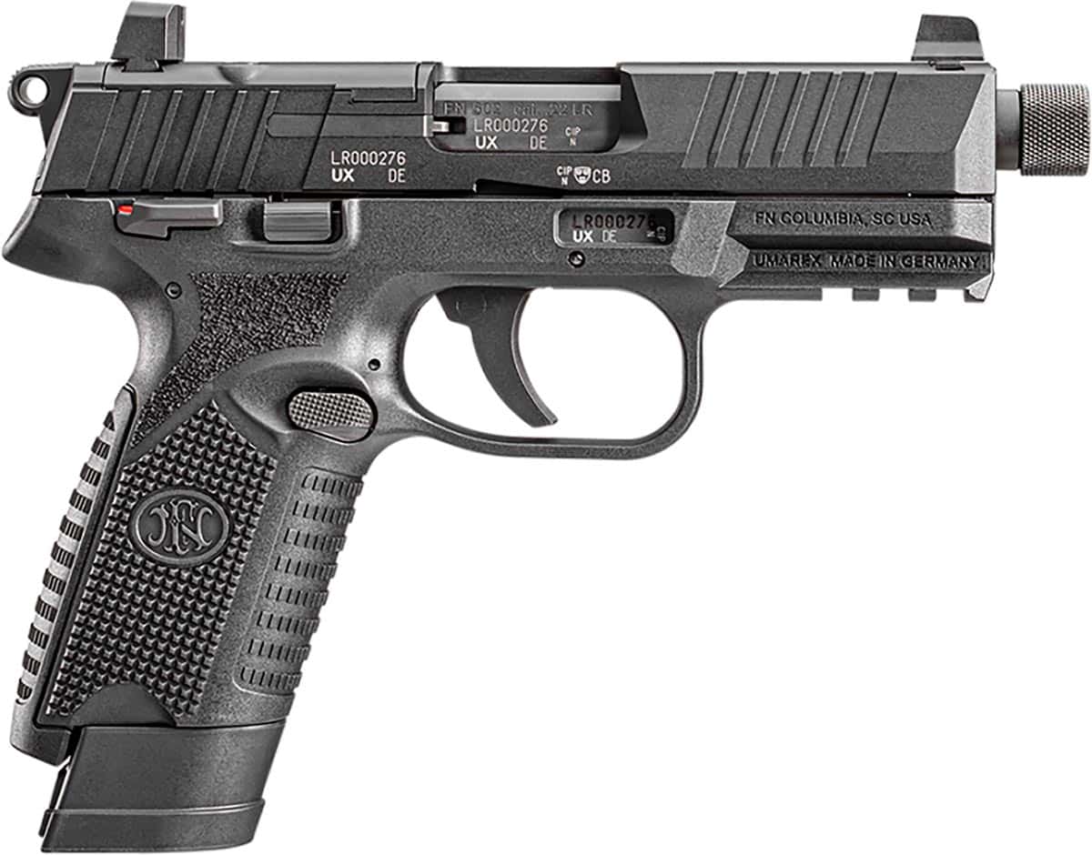 FN 502 Tactical .22 LR black pistol with 4.6-inch threaded barrel