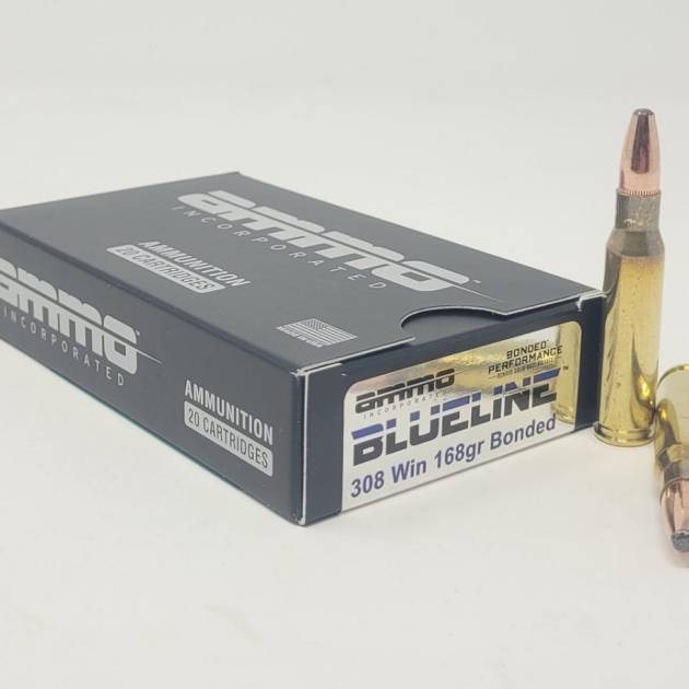 Ammo Inc 308 Win Ammunition Blueline AI308168BNDA20 168 Grain Bonded Soft Point 20 Rounds