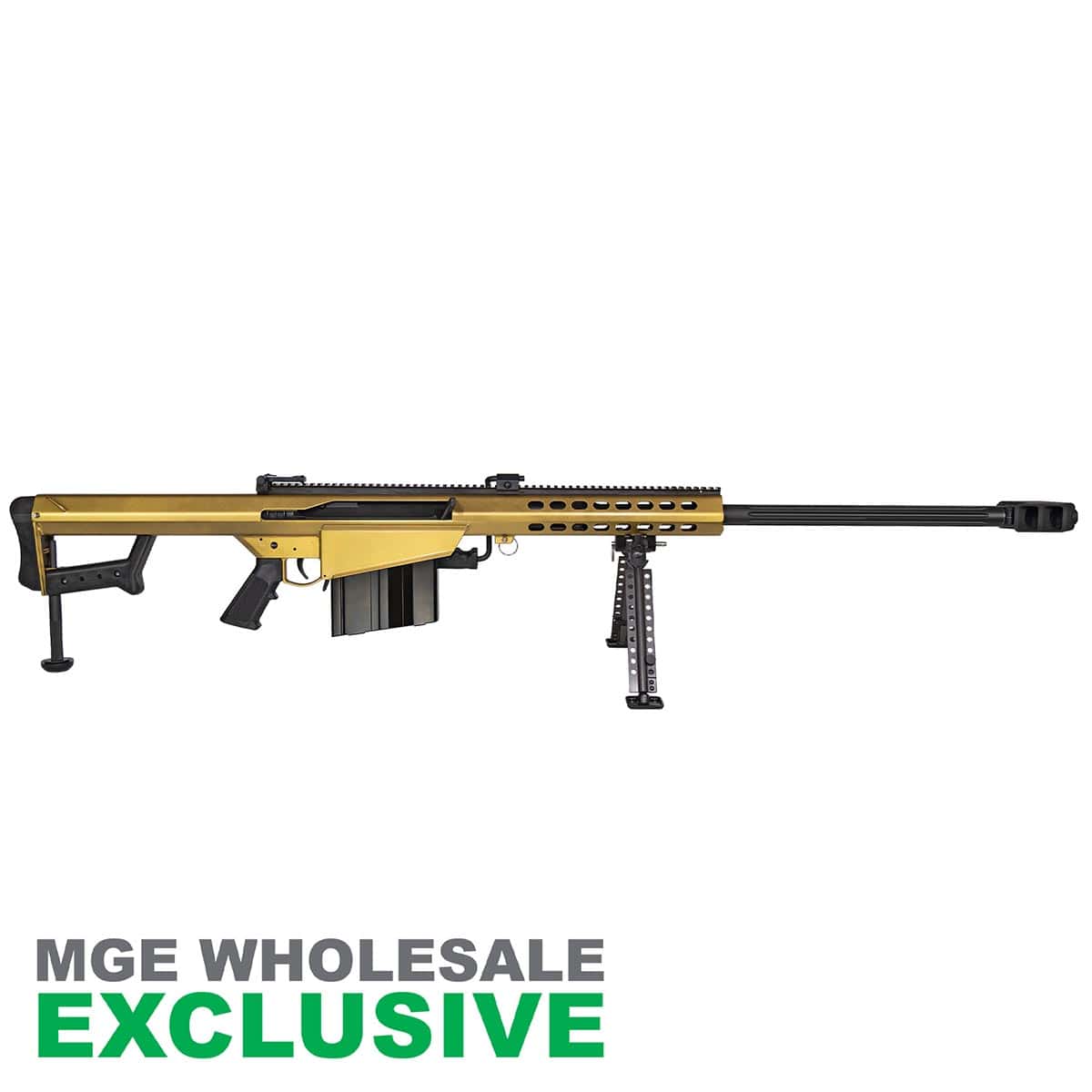 Barrett 82A1 .50 BMG rifle with 29-inch black fluted barrel and gold receiver