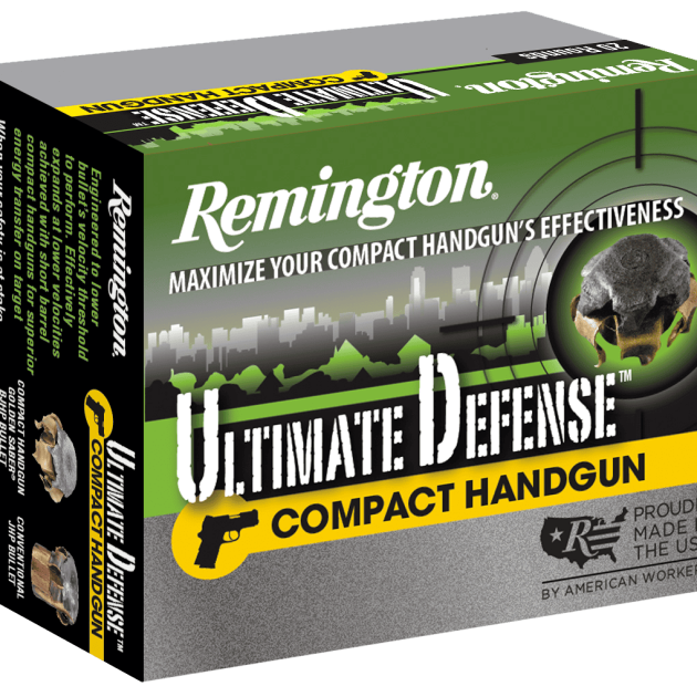 Remington 45 ACP Ammunition Ultimate Defense Compact CHD45APBN 230 Grain Brass Jacket Hollow Point 20 Rounds