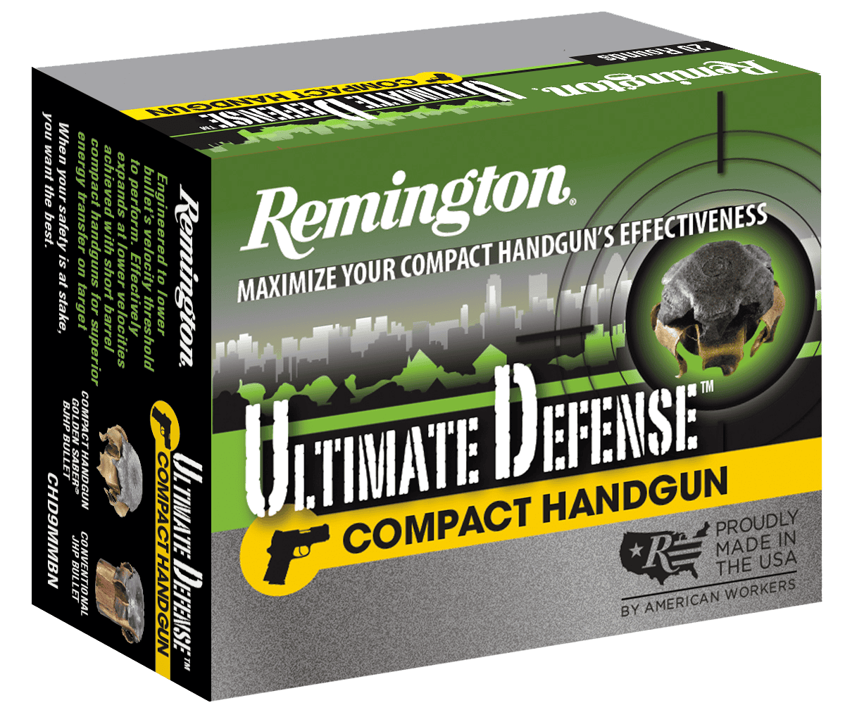 Remington 45 ACP Ammunition Ultimate Defense Compact CHD45APBN 230 Grain Brass Jacket Hollow Point 20 Rounds