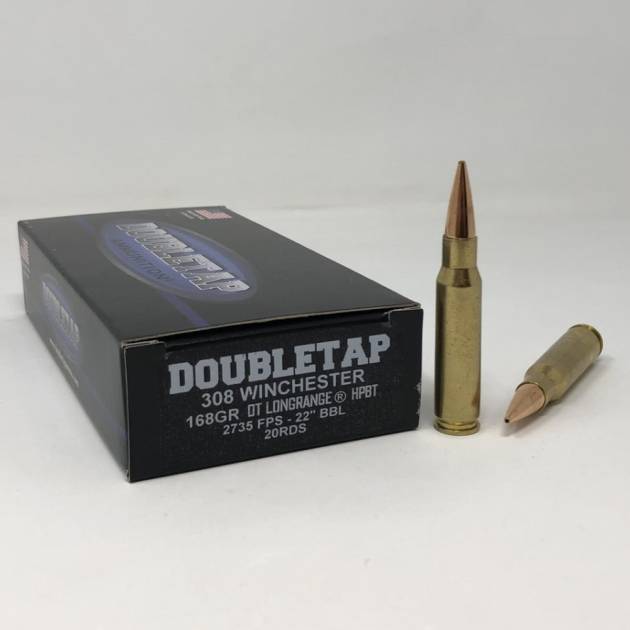Double Tap 308 Winchester Ammunition 308W168HP 168 Grain Long Range Hollow Point Boat Tail 20 Rounds