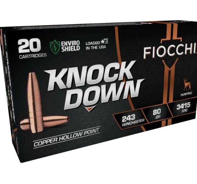 Fiocchi 243 Winchester Ammunition Knock Down FI243CHA 80 Grain Solid Copper Hollow Point 20 Rounds