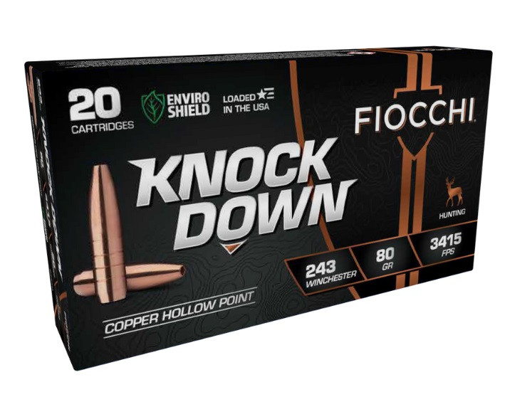 Fiocchi 243 Winchester Ammunition Knock Down FI243CHA 80 Grain Solid Copper Hollow Point 20 Rounds