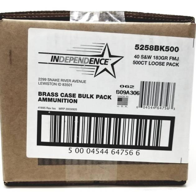 CCI 40 S&W Ammunition Independence 5258BK500 180 Grain Full Metal Jacket Loose Bulk Pack of 500 Rounds