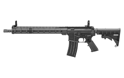 FN semi-automatic rifle with 16-inch barrel, black finish, muzzle brake, and adjustable stock