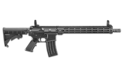 FN semi-automatic rifle with 16-inch barrel, black finish, muzzle brake, and adjustable stock