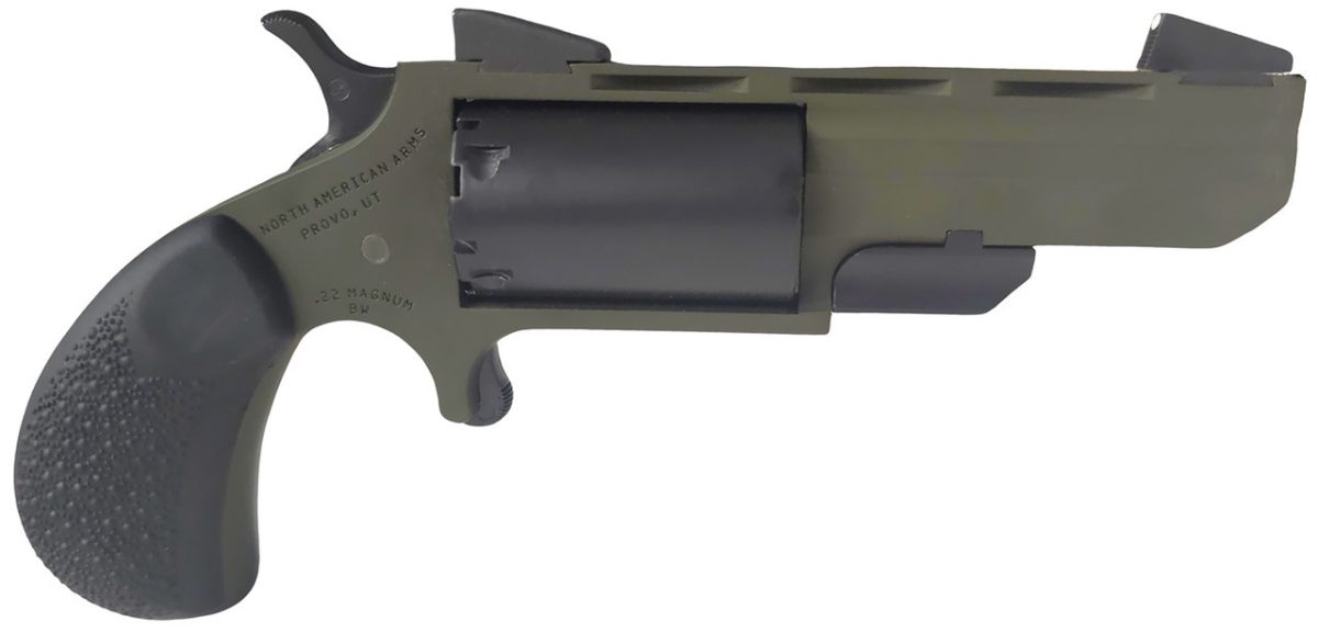 North American Arms NAA-TGH-MB Green Huntsman Mini Revolver .22WMR 5 Rounds 2" SAO OD Green/Black/Rubber Grips W/ Black Leather Holster