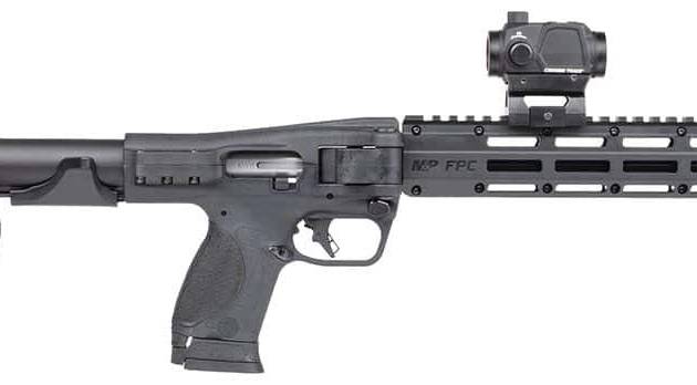 Smith & Wesson M&P FPC 9mm folding rifle with threaded barrel and Crimson Trace red dot optic