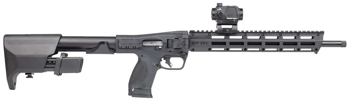 Smith & Wesson M&P FPC 9mm folding rifle with threaded barrel and Crimson Trace red dot optic