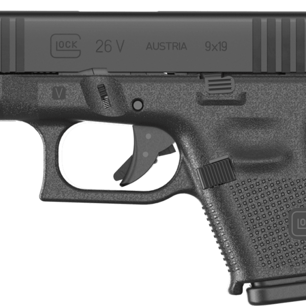 Glock 26 V 9mm pistol with black polymer frame, fixed sights, and front slide serrations