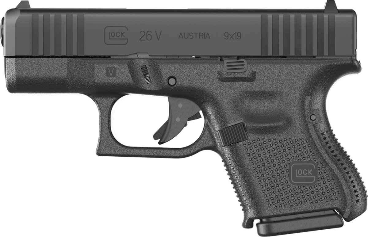 Glock 26 V 9mm pistol with black polymer frame, fixed sights, and front slide serrations