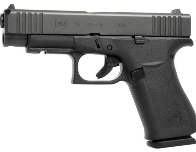 Glock 48 9mm black pistol with front rail and fixed sights