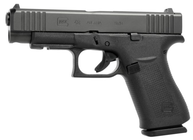 Glock 48 9mm black pistol with front rail and fixed sights
