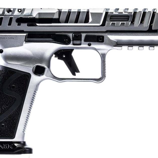 Canik SFx Rival-S 9mm chrome pistol with 5-inch barrel and two 18-round magazines