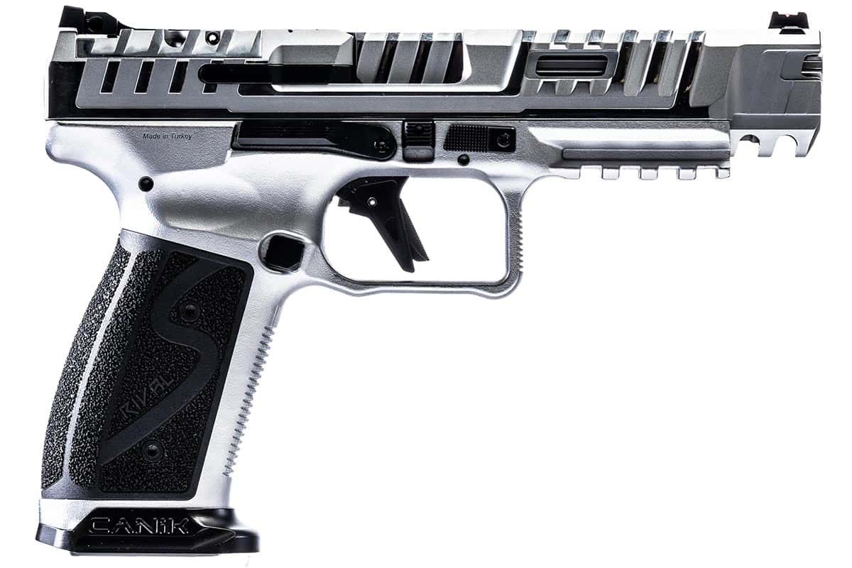 Canik SFx Rival-S 9mm chrome pistol with 5-inch barrel and two 18-round magazines