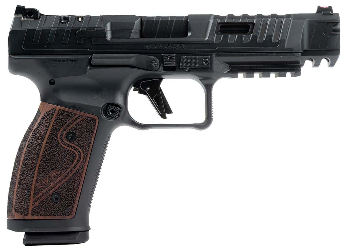 Canik SFx Rival-S 9mm pistol with black finish and rosewood grip panels