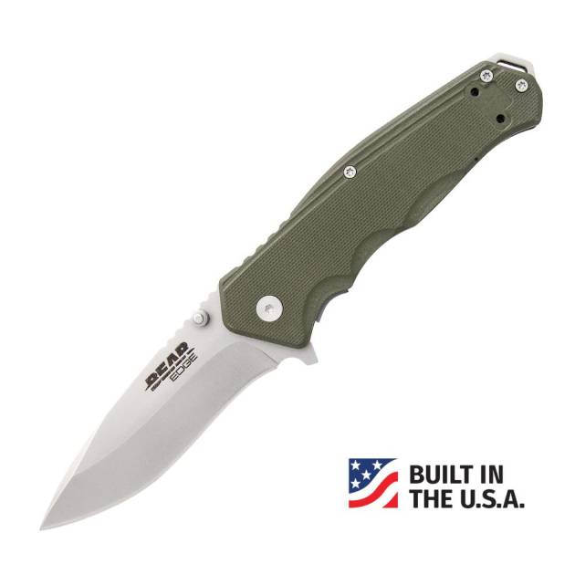 Bear & Son G10 Sideliner Folding Knife 3-3/8" Drop Point Blade OD Green with Trigger Boxed