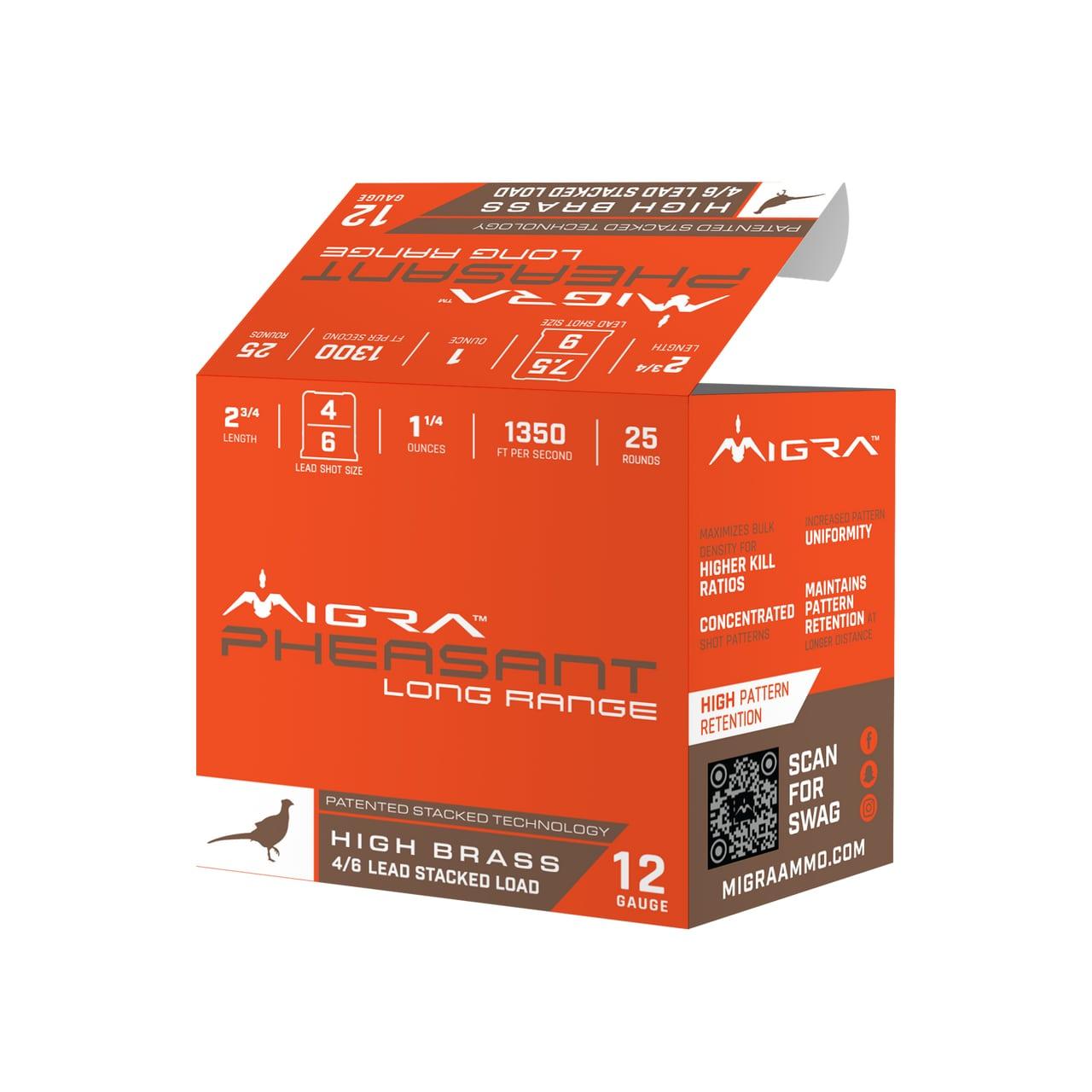 Migra Pheasant Long Range Shotshells 12ga 2-3/4" 1-1/4oz 1350 fps #4 & #6 25/ct