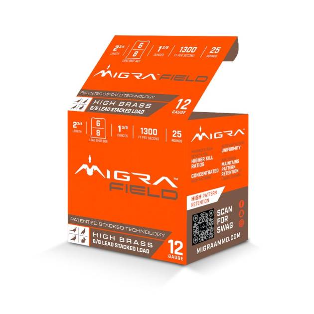 Migra Ultimate Field Hi-Brass Lead Stacked Shotshells 12ga 2-3/4" 1-3/8oz 1300 fps #6 & 8 Shot 25/ct