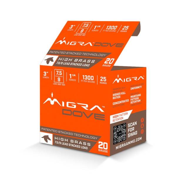 Migra Ultimate Dove Hi-Brass Lead Shotshells 20ga 3" 1-1/4oz  #7.5 & 9 Shot 25/ct