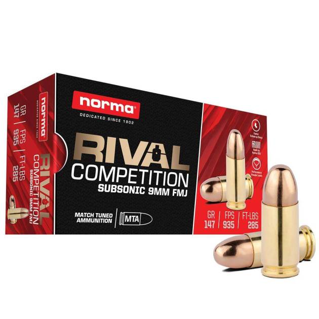Norma Rival Competition Subsonic Rifle Ammunition 9mm Luger 147gr FMJ 935 fps 50/ct