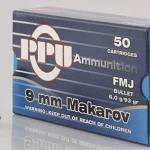 PPU Handgun Ammunition 9mm x 18 Makarov 93 gr FMJ 50/ct