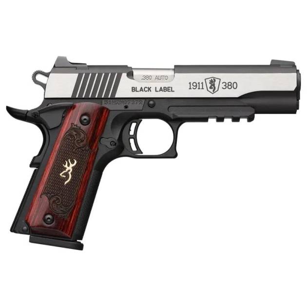 Browning 1911 380 Black Label Medallion Pro Handgun 380 ACP 8rd Magazine 3.625" Barrel Black with Silver Slide and Wood Grip Night Sights Accessory Rail