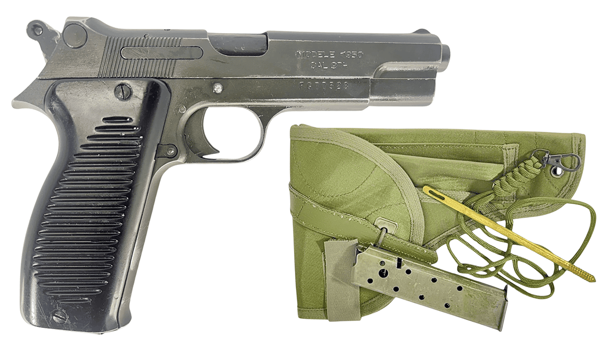 NAVY ARMS MAC 50 PISTOLS SURPLUS 9MM PISTOL W/ HLSTER, CLEANING KIT, LANYARD, ORIGINAL FRENCH MANUAL