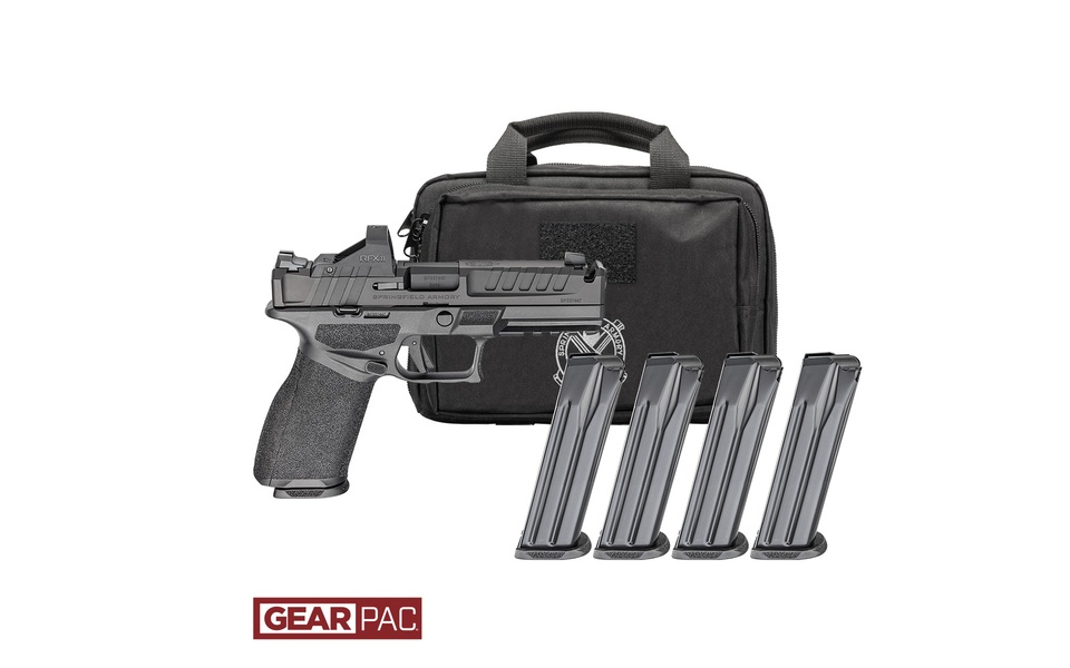 Springfield Armory Echelon Comp 9mm pistol with 4.5-inch barrel, green dot optic, four magazines, and bag