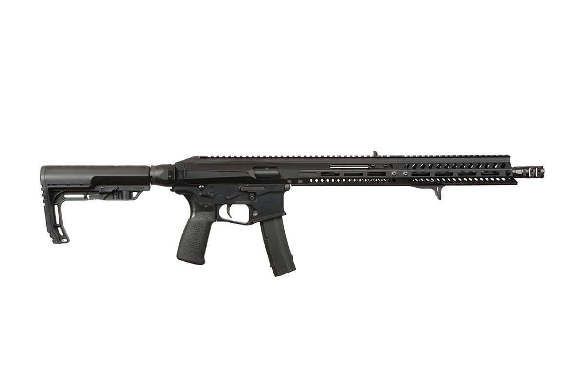 Patriot Ordnance Factory 9mm black rifle with collapsible Mission First Tactical stock