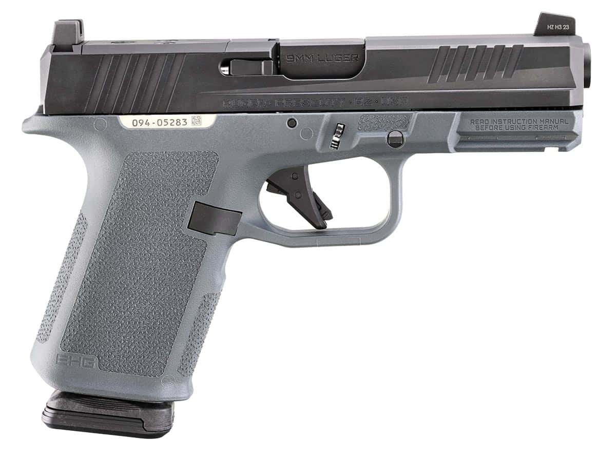 Ruger RXM 9mm pistol with 4-inch barrel, black slide, and Stealth Gray Magpul grip