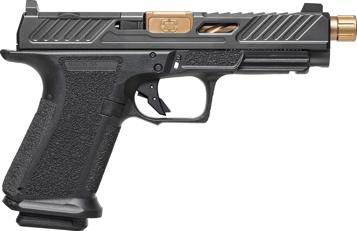 Shadow Systems MR920L Elite 9mm pistol with black frame and bronze threaded barrel