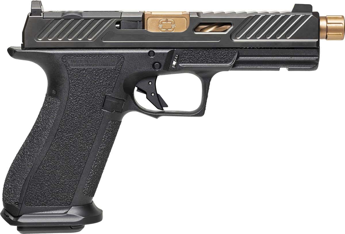 Shadow Systems DR920 Elite 9mm pistol with black frame and bronze threaded barrel